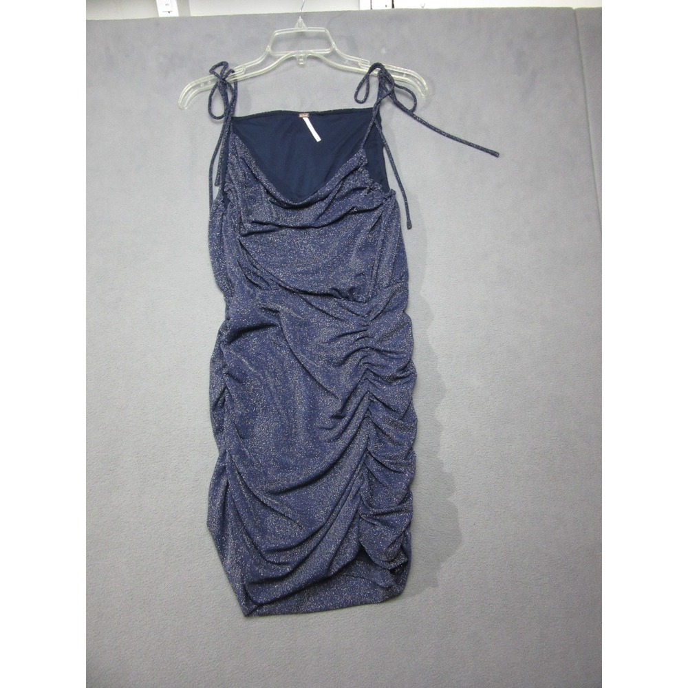 Free People Dress Womens Small Blue Bodycon Spaghetti Strap Shimmer Side Ruched